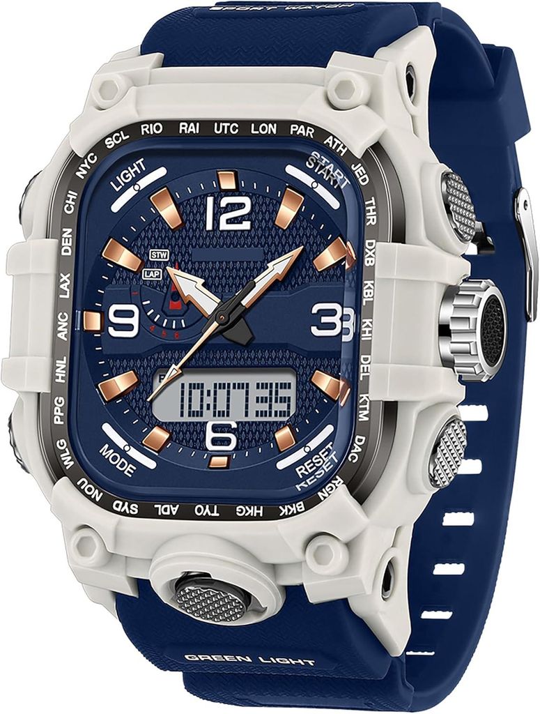 Militär Herren Uhr Digital Analog 5ATM wasserdicht Outdoor Sportuhr mit Stoppuhr Countdown 3 Zeitzonen Beleuchtung Datum robuste Armbanduhr