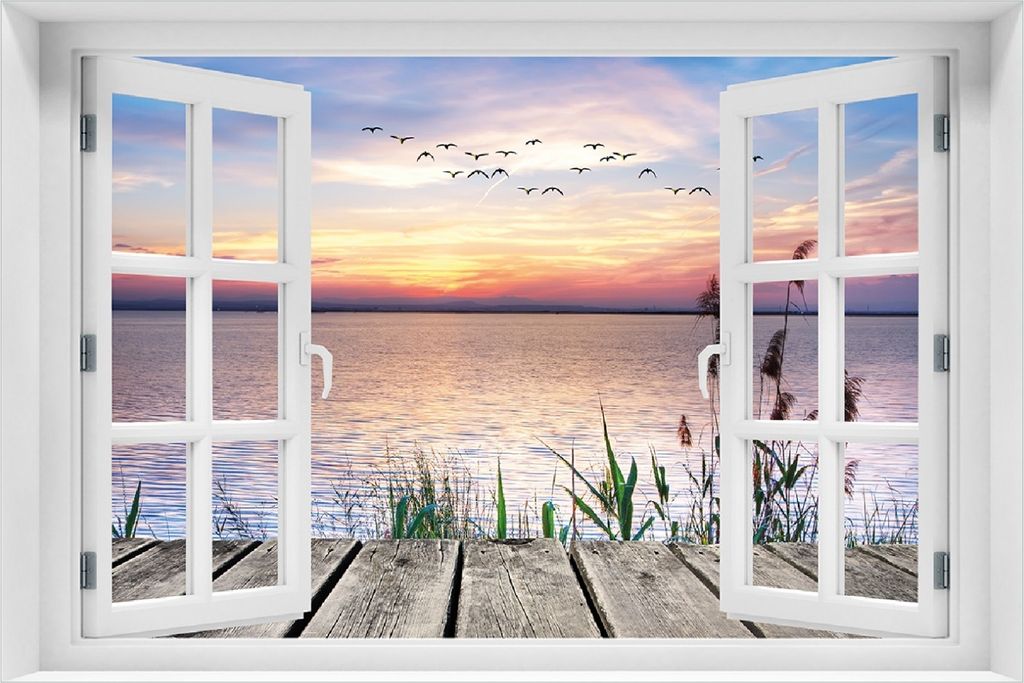 Wallario selbstklebendes Poster mit Fenster-Illusion - Seepanorama mit Schilf und fliegenden Vögeln, Größe: 100 x 150 cm