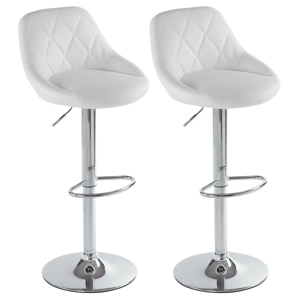 Two white bar stools with silver bases and adjustable height mechanisms are shown against a white background.