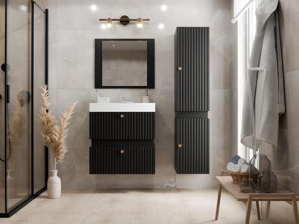 MONCLERO GF1 | Badezimmermöbel Set mit Spiegel TIKO 8 Schwarz Matt / Gold