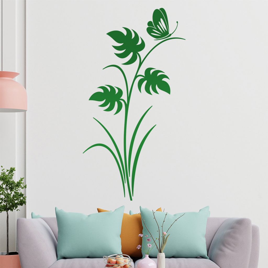Schmetterling auf Pflanze Wandtattoo in 6 Größen - Wandaufkleber Wall Sticker - Dekoration, Küche, Wohnzimmer, Schlafzimmer, Badezimmer