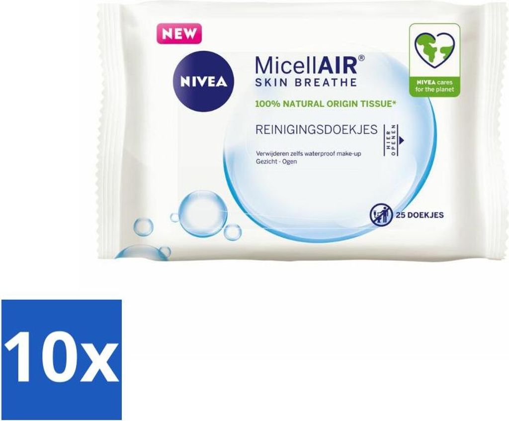 NIVEA – Reinigungstücher – 3-in-1 Mizellentücher – Entfernt wasserfestes Make-up – 25 Tücher - Vorteilspack - 10 Stücke
