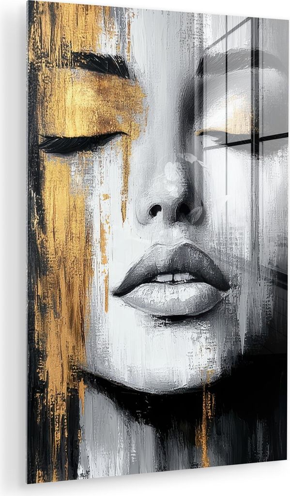 MuchoWow Glasbilder - Bilder auf Wandbild - Foto auf Glas Gesicht - Frau - Pinselstriche - Abstrakt 60x90 cm Wanddekoration aus Glas - Acrylglasbil...