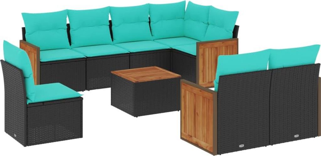 vidaXL 9-teiliges Gartensofa-Set mit Kissen, schwarzes Polyrattan