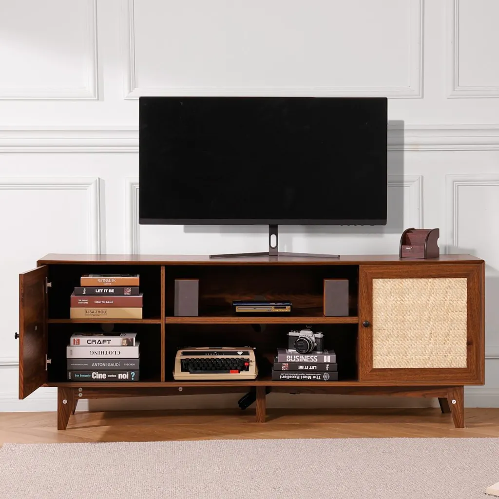 Support TV 191 cm noyer et rotin véritable - Meuble TV Boho long format - 8