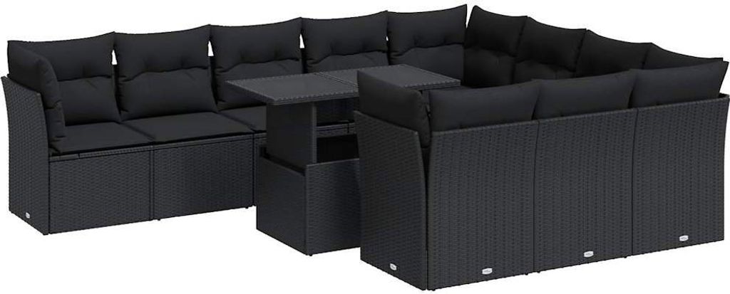 11-tlg. Garten-Sofagarnitur mit Kissen Schwarz Poly Rattan