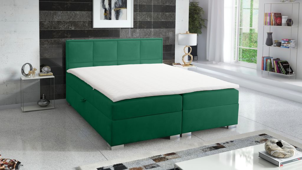 Boxspringbett QUADRAT 180x200 cm, mit Topper Bonellmatratze und zwei Bettkästen, Grün