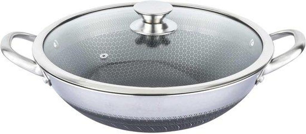 Translucide 32 cm Wok-Bratpfanne mit Glasdeckel - Anti-Fuss-Reibung und Honig-Kern-Struktur - Für Induktions- und Backofen-Nutzung