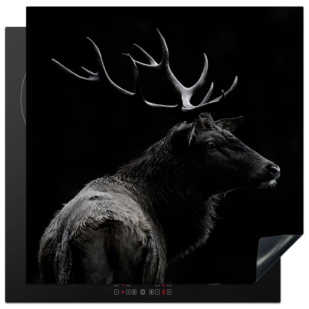 KitchenYeah Herdabdeckplatte Hirsch - Schwarz - Porträt - Geweih - Tiere , 78x78cm, Küche Deko, Glaskeramikkochfeld Herdabdeckung, Abdeckplatte...
