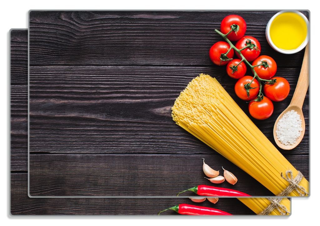 Wallario Frühstücksbrettchen 2er Set aus Glas, je 20 x 30 cm, mit rutschfesten Füßen, Motiv Italienisches Menü mit Spaghetti, Tomaten, Salz un...