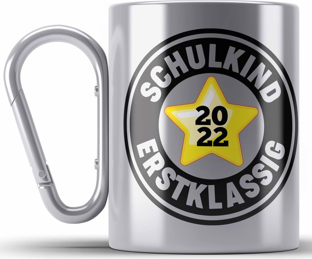 Trendation - Schulkind Erstklassig Einschulung Junge Mädchen Geschenk Schultüte Füllung Edelstahl Tasse Karabiner Schulstart 1. Schultag Schulei...
