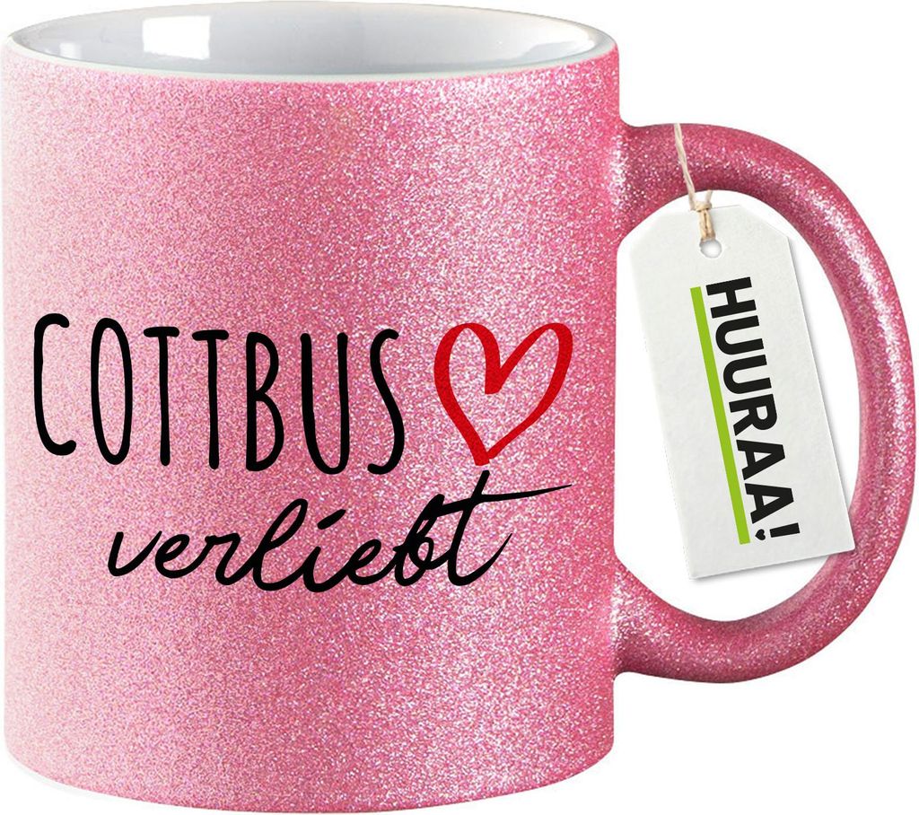 Huuraa Glitzer Kaffeebecher Cottbus verliebt Geschenk 330ml Pink Cottbus Mitbringsel