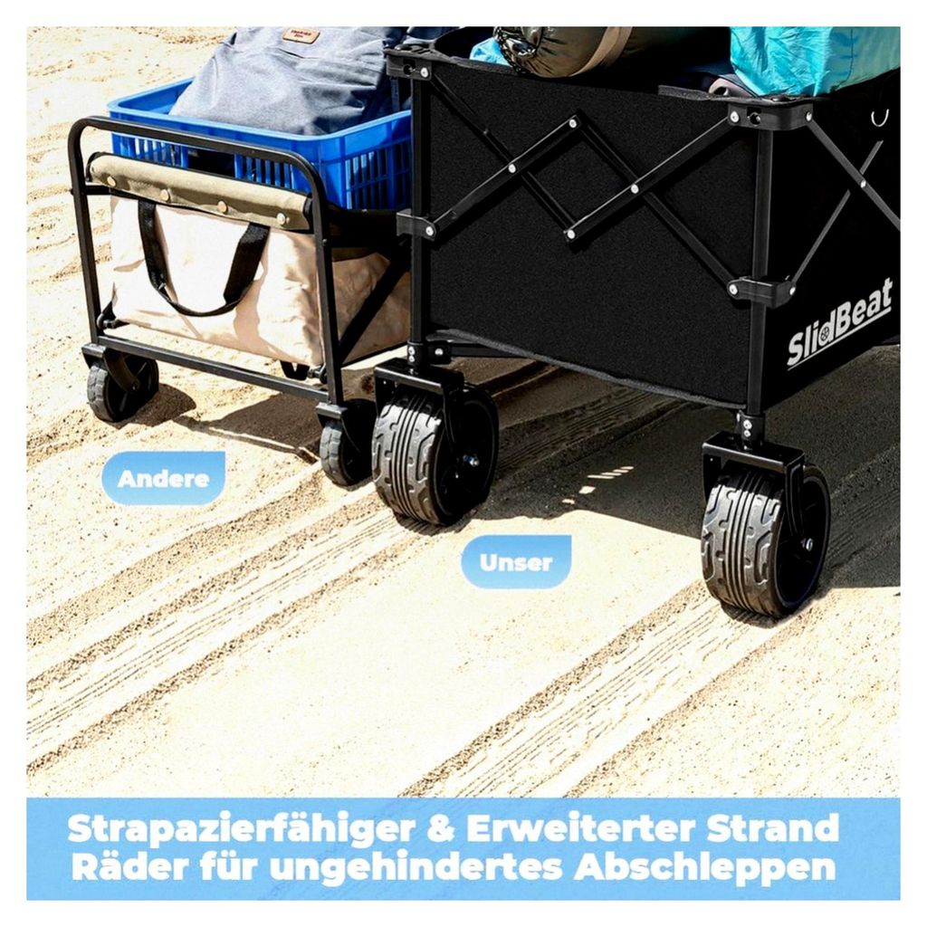 Faltbarer Bollerwagen 220L 200KG mit Bremsen, Getränkehalter und verstellbarem Griff, Klappbollerwagen mit All-Terrain-Rädern für Camping, Outdo...