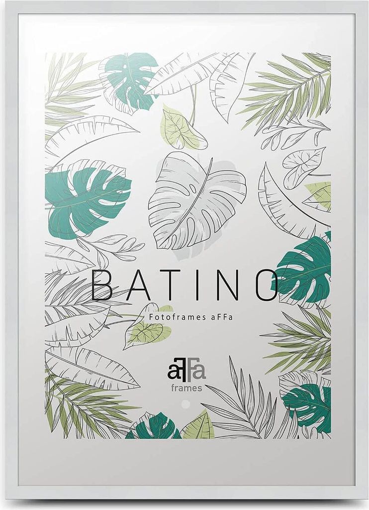 A white picture frame with a botanical illustration background.