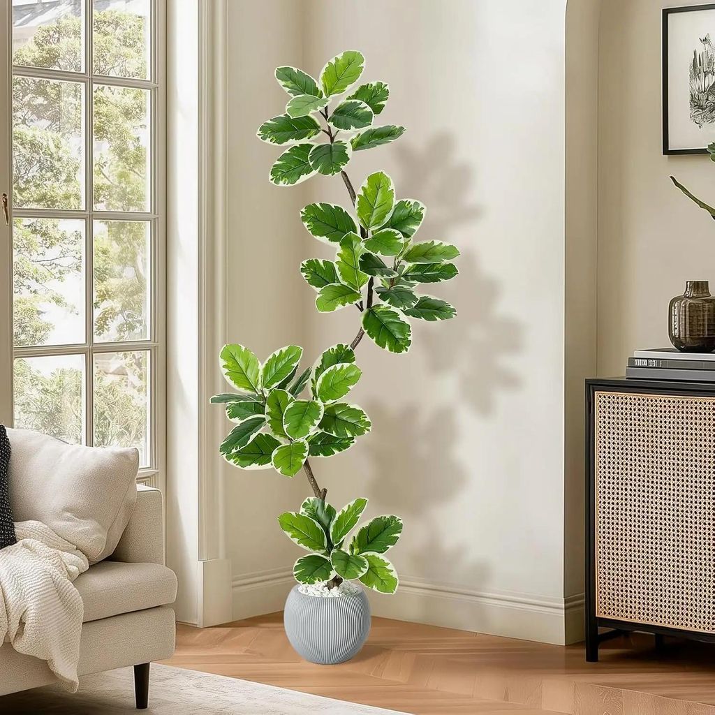 Geigenfeige - Künstlicher Baum - 150 cm - Bodenstehend - Für außen - Kunststoff - Mit Kugel-Pflanzkübel - Milchweiß