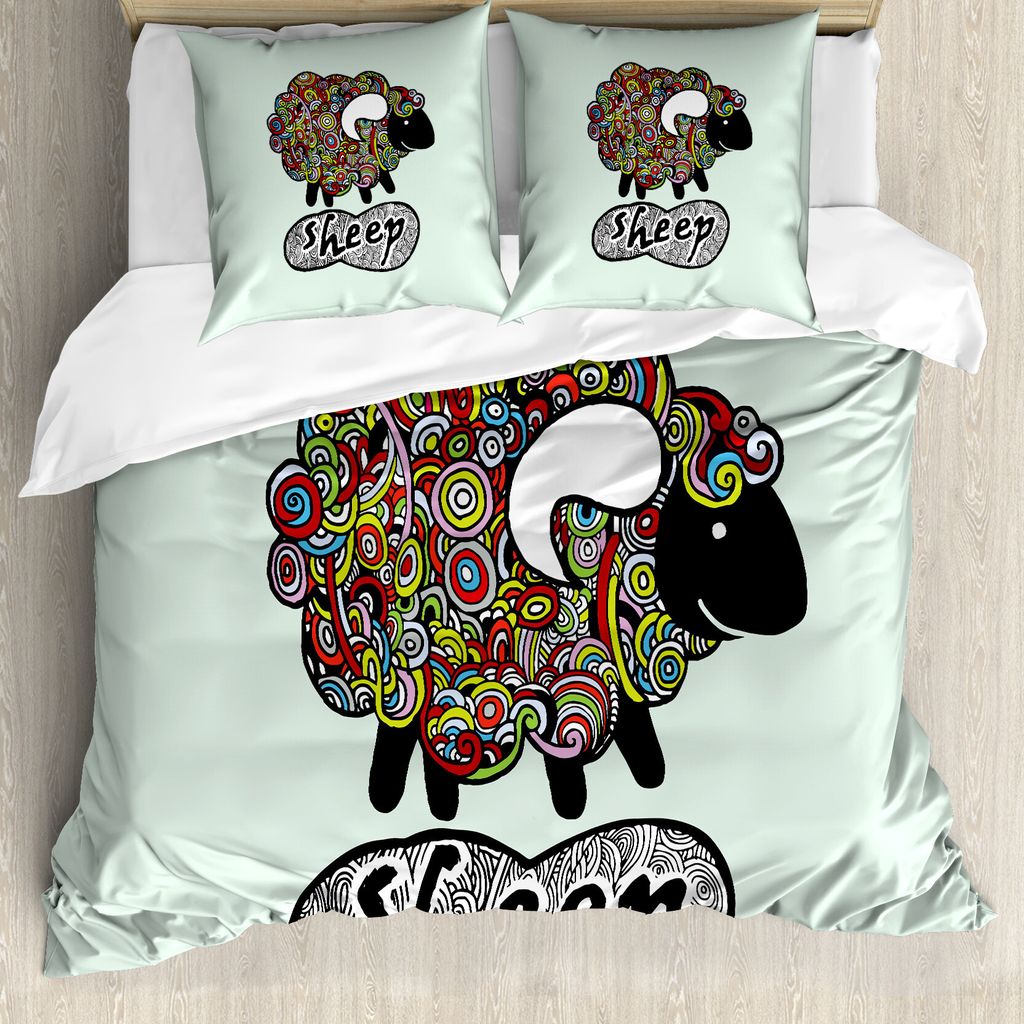 ABAKUHAUS Indie Bettbezug, Hipster Doodle Fun Schaf, Milbensicher Allergiker geeignet mit Kissenbezügen, 155 cm x 220 cm - 80 x 80 cm, Mehrfarbig