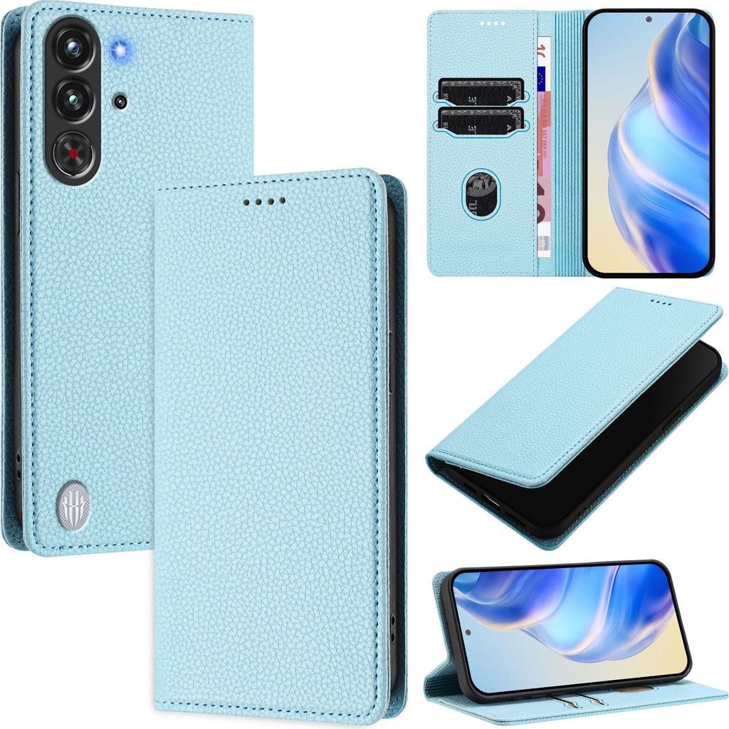 Litchi Leder Handyhülle für ZTE Nubia Red Magic 10 Pro/ 10 Pro+ Wallet Kartenfächer Standfunktion Hülle Hellblau