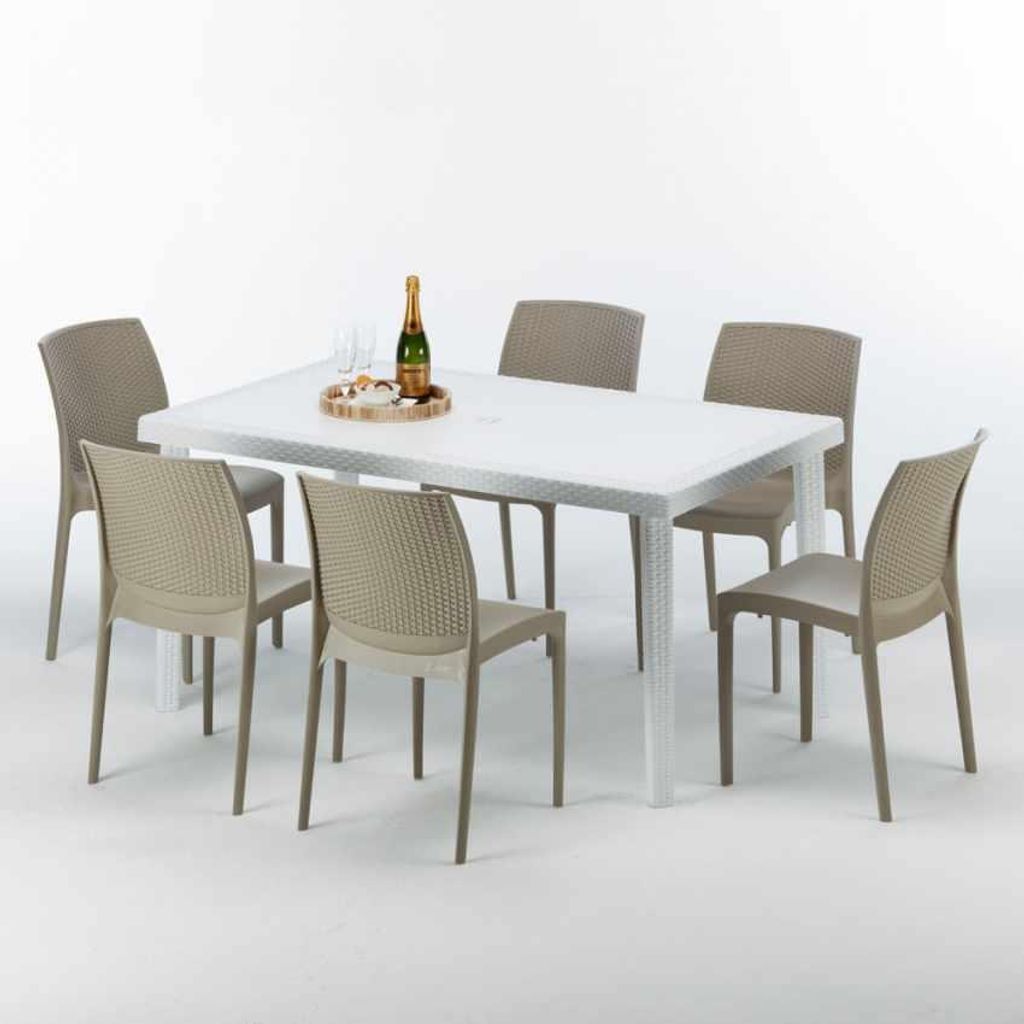 Weiß Rechteckig Tisch und 6 Stühle Farbiges Polypropylen-Außenmastenset Grand Soleil Boheme Summerlife - Beige