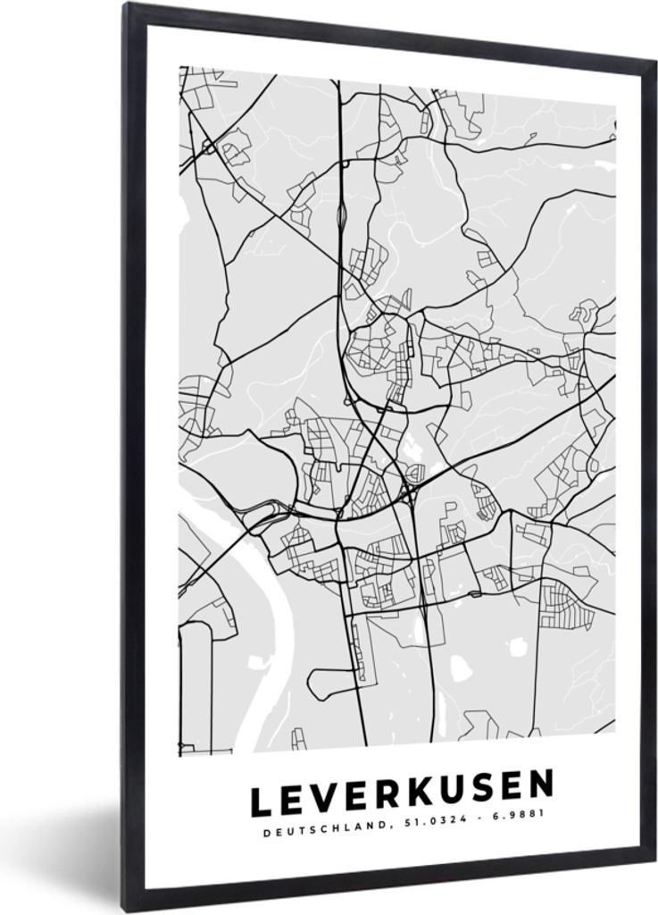 MuchoWow Gerahmtes Poster Karte - Leverkusen - Deutschland - Stadtplan - Karte 20x30 cm - Poster mit Schwarzem Bilderrahmen Wandposter Rahmen Fot...