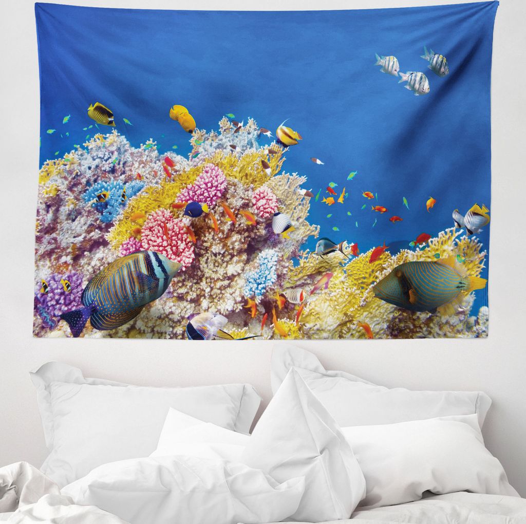 ABAKUHAUS Unterwasser- Wandteppich, Tropische Korallen Fisch aus Weiches Mikrofaser Stoff Waschbar ohne Verblassen Digitaldruck, 150 x 110 cm, Blau...