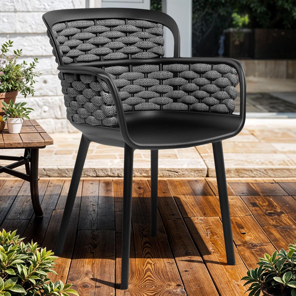 2er-Set EMMA | Bistro Außen Stuhl | Kunststoff | Schwarz | Garten Terrasse Outdoor