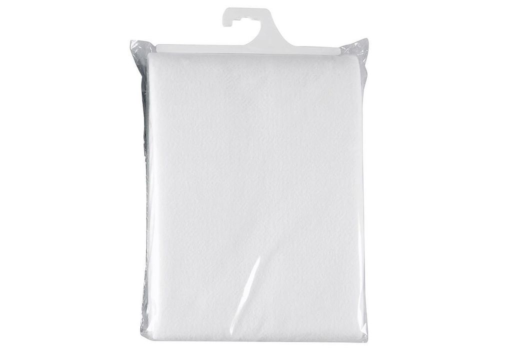 A white ironing board cover is shown in its packaging, hanging from a hook.