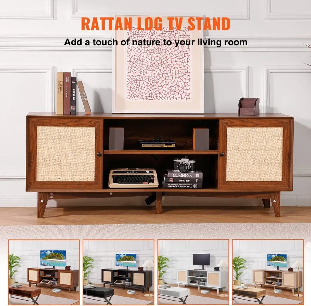 Support TV 191 cm noyer et rotin véritable - Meuble TV Boho long format - 3