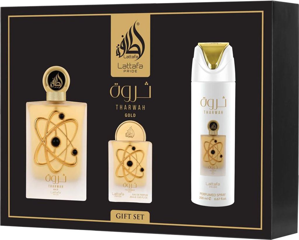 Zestaw Lattafa Tharwah Gold Edp 100ml + Edp 20ml + Deodorant 200ml
