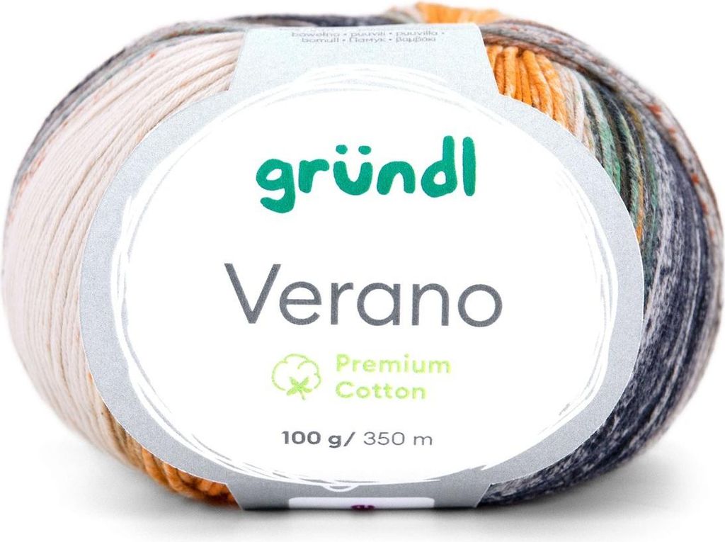 Gründl Verano Sommergarn Baumwollgarn 100g/350 m,NS 2,5-3,5 mm, Farbverlauf 05 anthrazit-weiß-ocker