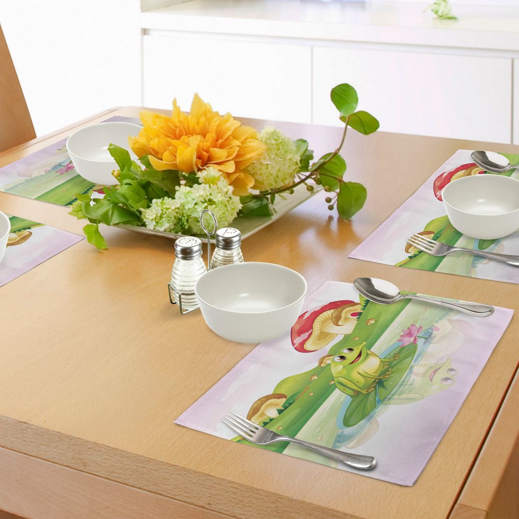 ABAKUHAUS Tier Platzmatten, Illustration des netten Frosches auf Seerose mit Pilzen auf dem Hintergrund Nature See, Tiscjdeco aus Farbfesten Stoff ...