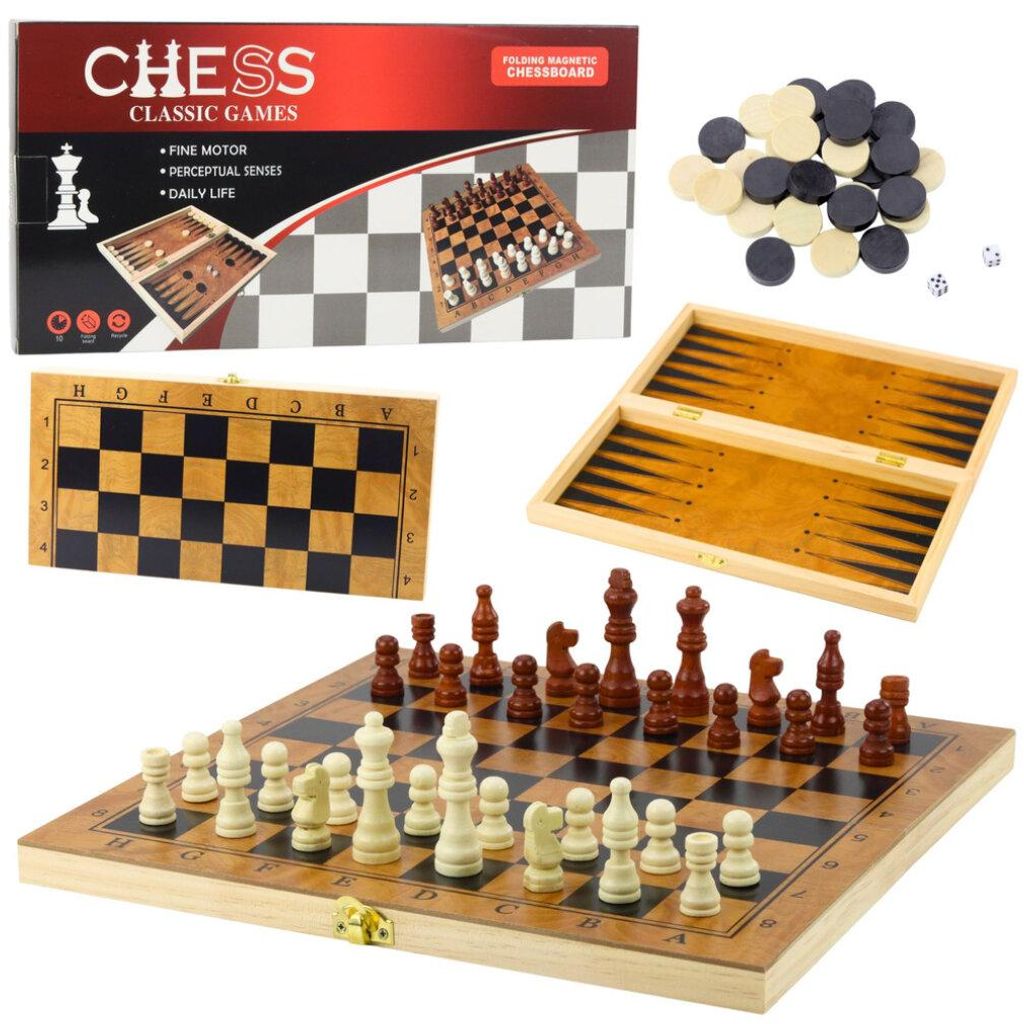Klassisches 3-in-1 Logikspiel Schach Dame Backgammon Holz
