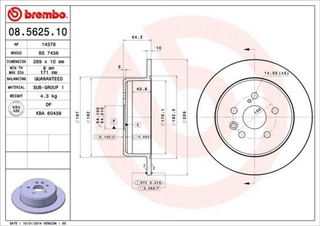 BREMBO 08.5625.10 Bremsscheibe OE 4243120090 kompatibel mit Celica