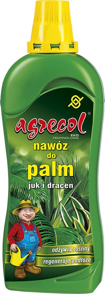 A bottle of liquid fertilizer for palm trees, yucca, and dracaena, featuring a cartoon gardener illustration.