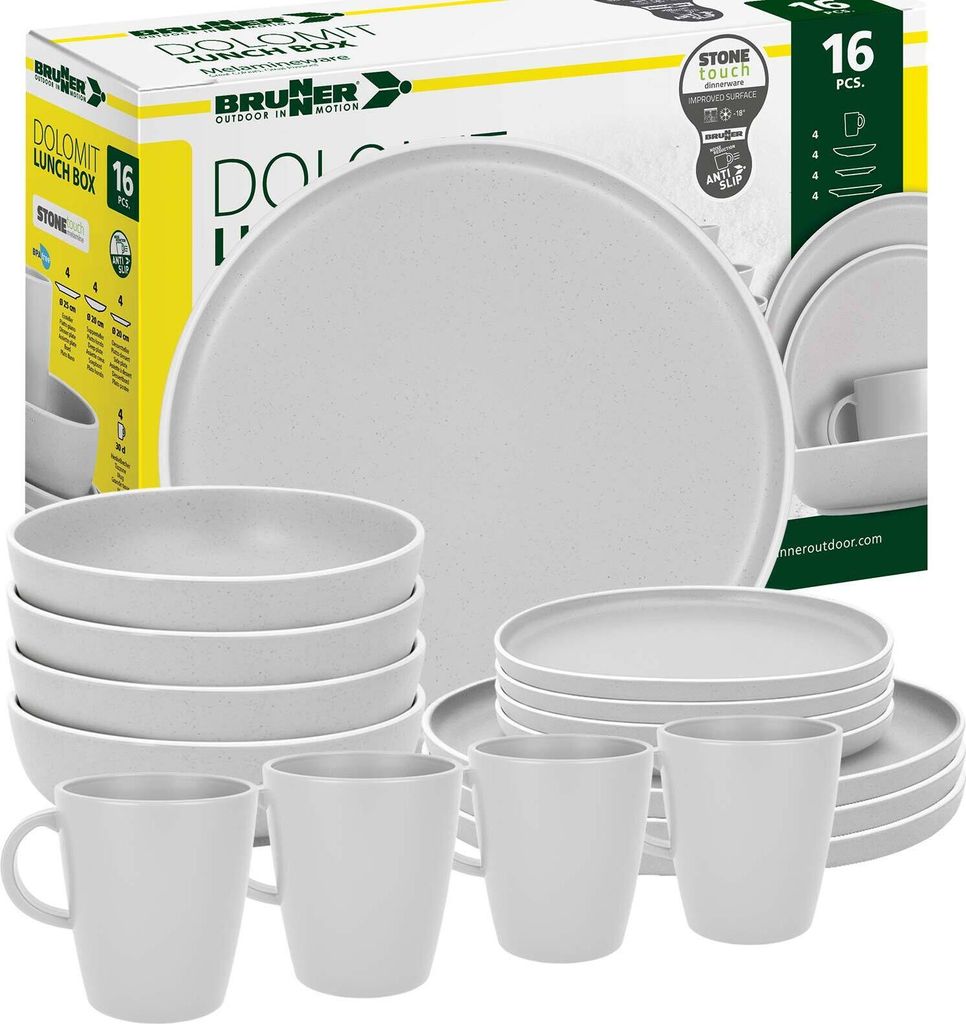BRUNNER Camping Geschirr Set 4 Personen | Anti-Slip | Lunchbox DOLOMIT, 16-tlg.