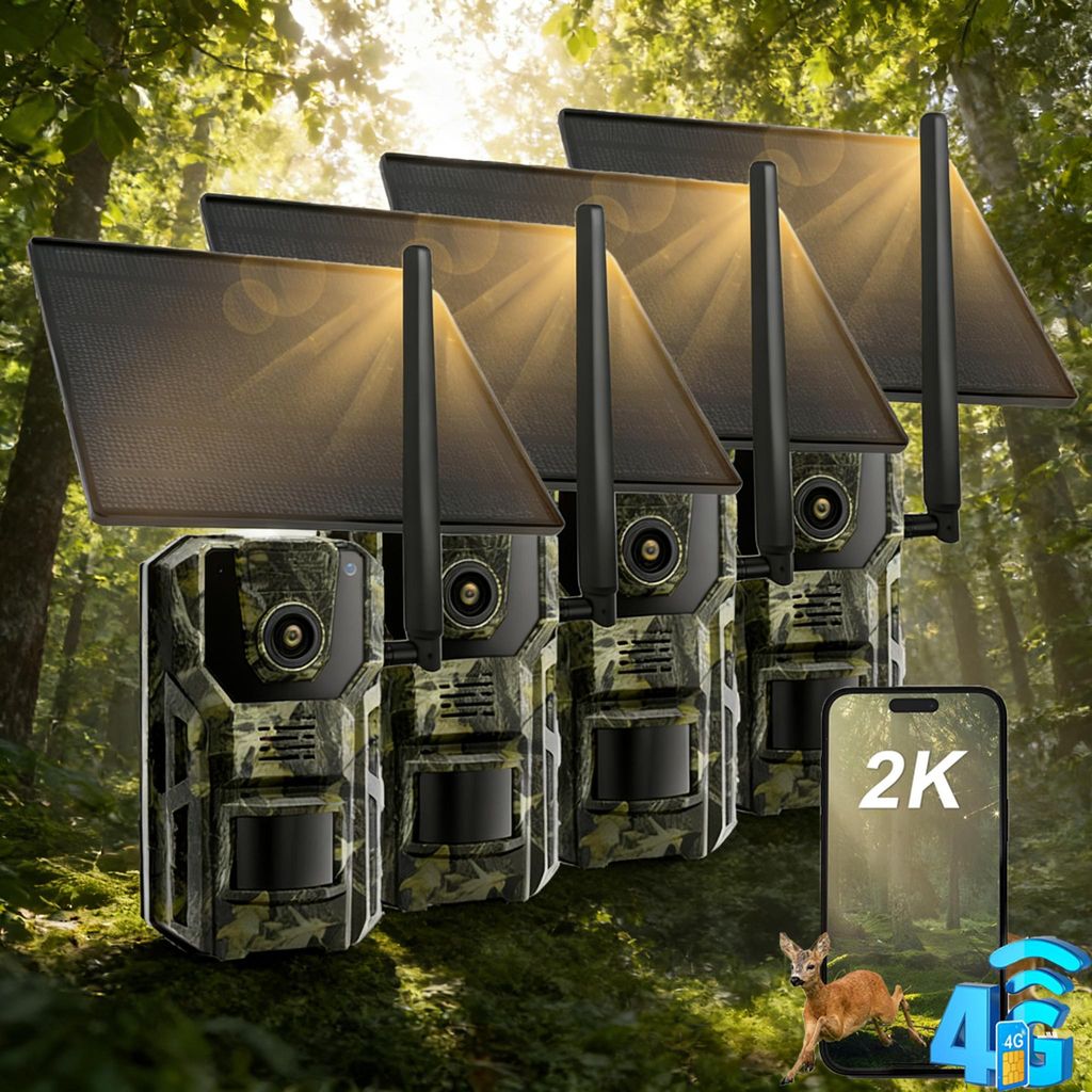 4 Stück 4G LTE Wildkamera mit App & Bewegungsmelder 2K Solar Überwachungskamera Aussen mit SIM Karte 7800mAh Akku No-Glow-Nachtsicht Kamera mit GPS