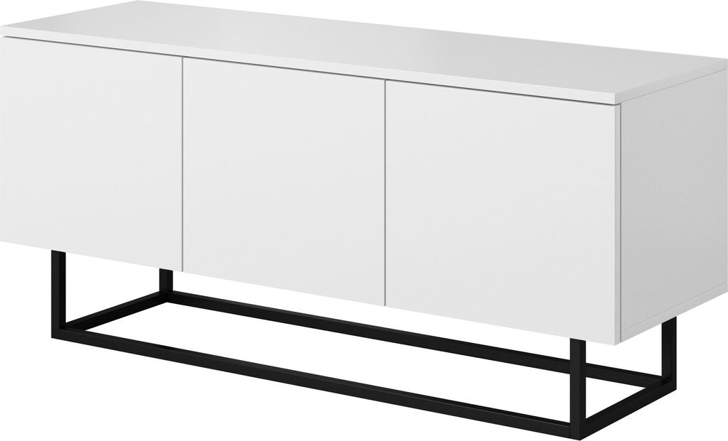 Weißer stehender RTV-Schrank auf Metallfüßen, 120x55x37, TV-Schrank, modern, Loft, industriell, mattiert