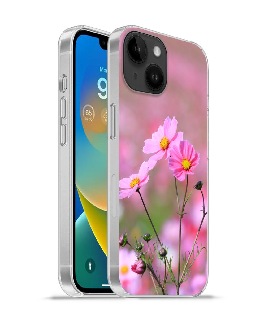 MuchoWow Handyhülle Schutzhülle Hülle für Apple iPhone 14 - Softcase Blumen - Draußen - Rosa Silikon Softcase Handy Hülle - Mobiltelefonhülle