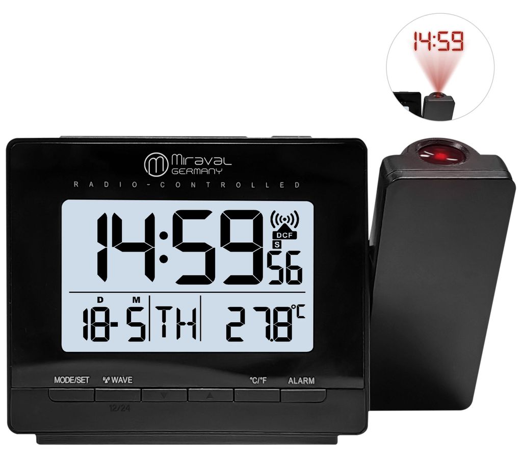 Funk-Projektionswecker Schwarz – DCF77 Funkuhr mit roter LED-Projektion, Temperaturanzeige, Snooze, Projektion 180°/360° drehbar