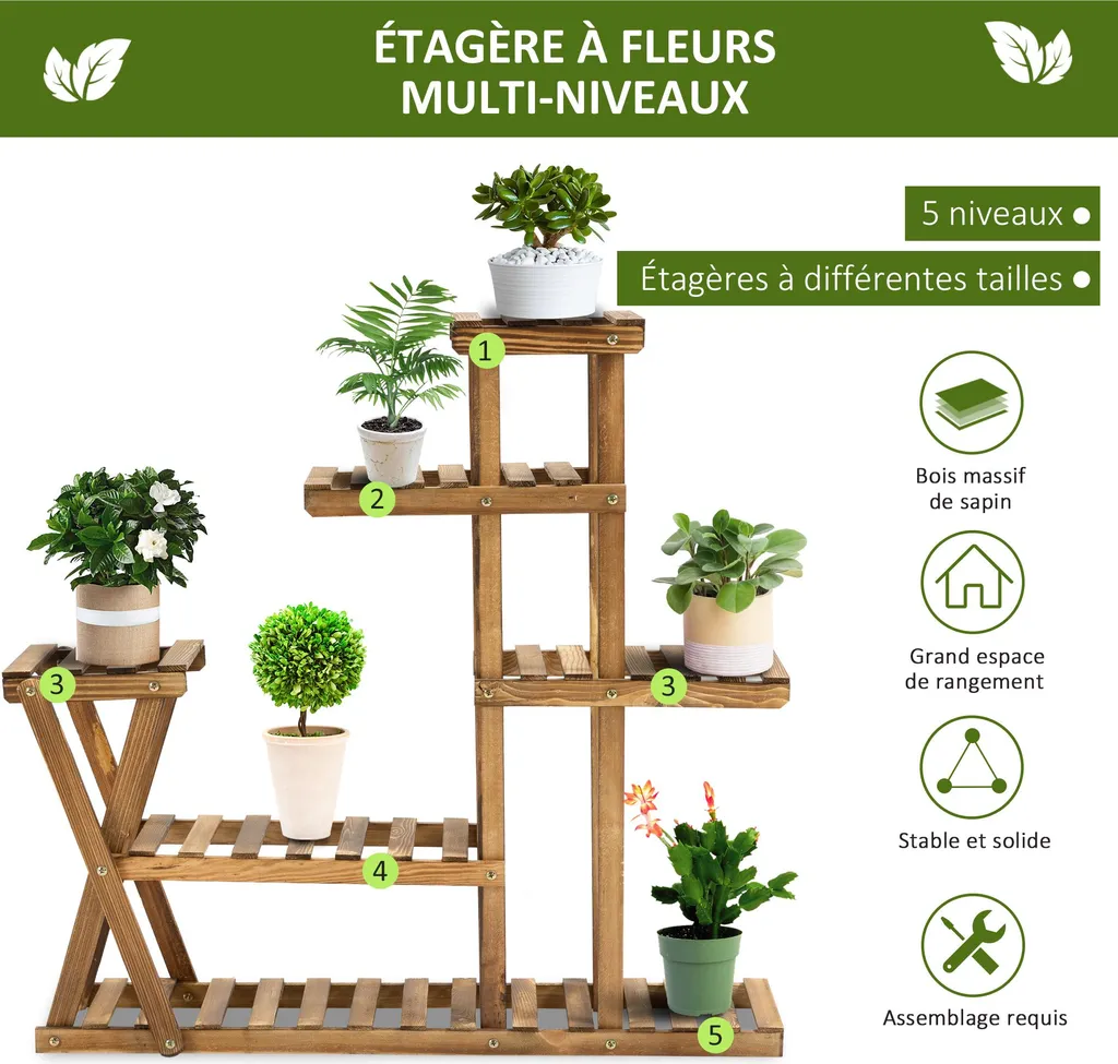 Support fleurs en bois de sapin avec 6 tablettes de rangement vertical - 4