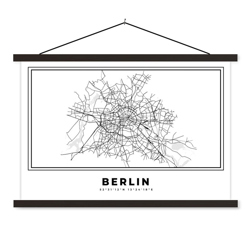 MuchoWow Textilposter Schwarz und weiß - Deutschland - Karte - Stadtplan - Berlin 60x40 cm mit schwarzem Rahmen - Hölzernes