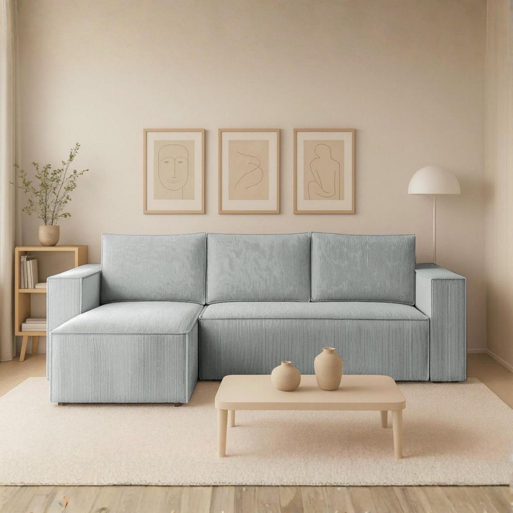 Couch L Form - Mit Schlaffunktion und Bettkasten - Links - 235x76x147 cm - Grau - Kleine Sofaecke - Wohnlandschaft L Form - Schlafsofa Modern