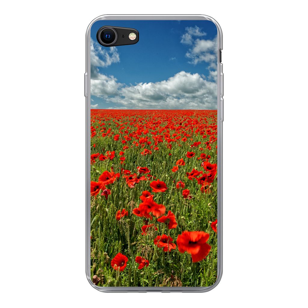 MuchoWow Handyhülle Schutzhülle Hülle für iPhone SE 2022 Schneeweiße Wolken über einem Mohnblumenfeld Silikon Softcase Handy Hülle - Schut...