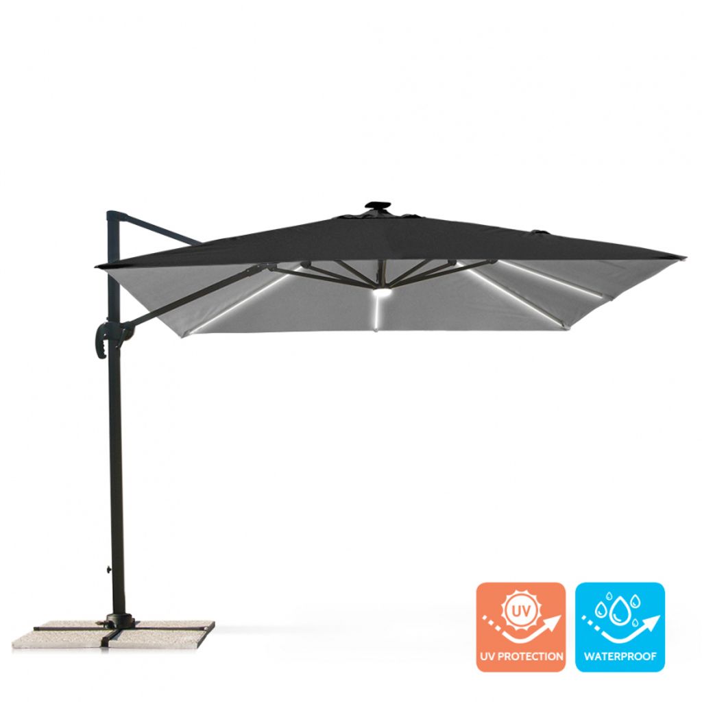 Schwarzer Sonnenschirm mit verstellbarem Arm dezentraler Mast mit 3x3m LED-Solarlicht Paradise Noir Light