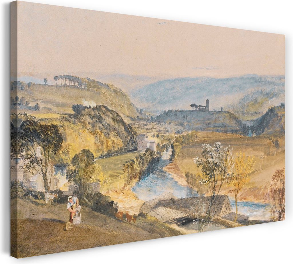 Leinwandbild (100x70cm): Landschafts-Malerei Fluss fließt durch Tal dahinter Berge, echter Holz-Keilrahmen inkl. Aufhänger, handgefertigt in Deut...