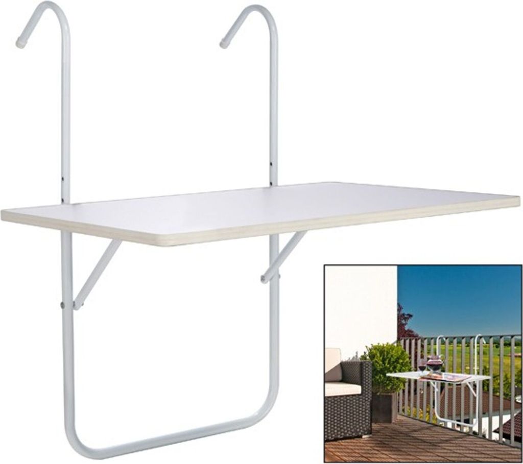 A white folding balcony table with two hooks for hanging.