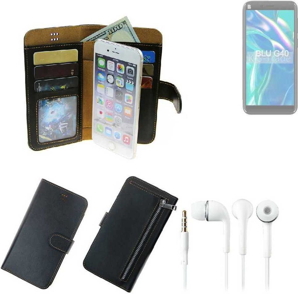 TOP SET Handy Hülle Schutz Hülle kompatibel mit BLU G40 schwarz aus Kunstleder + Kopfhörer Smartphone Tasche vollwertige Geldbörse K-S-Trade