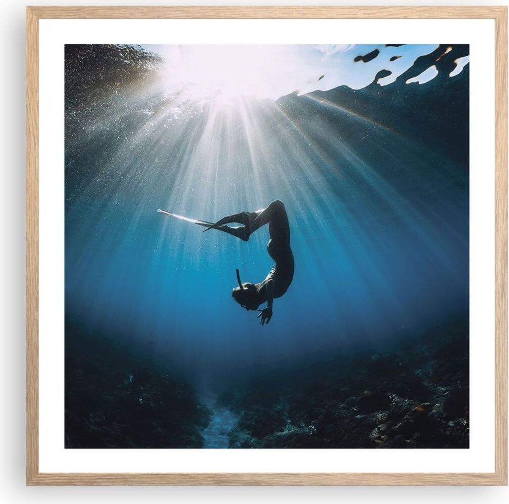 Gerahmtes Poster - Rahmen in heller Eiche - Flossen Boden Taucher - 60x60 cm - Wand Bild - Wanddeko - Wandbilder - Kunstposter - Wandposter - Bilde...