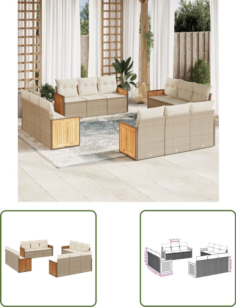 The Living Store 12-tlg. Garten-Sofagarnitur mit Kissen Beige Poly Rattan