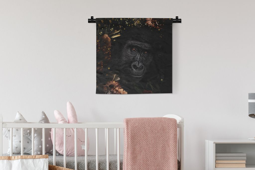 MuchoWow Wandteppich Wandbehang Affe - Tiere - Blumen - Licht 60x60 cm Tapisserie Dekoration Wandtuch - Dekorationen - Wand Decke