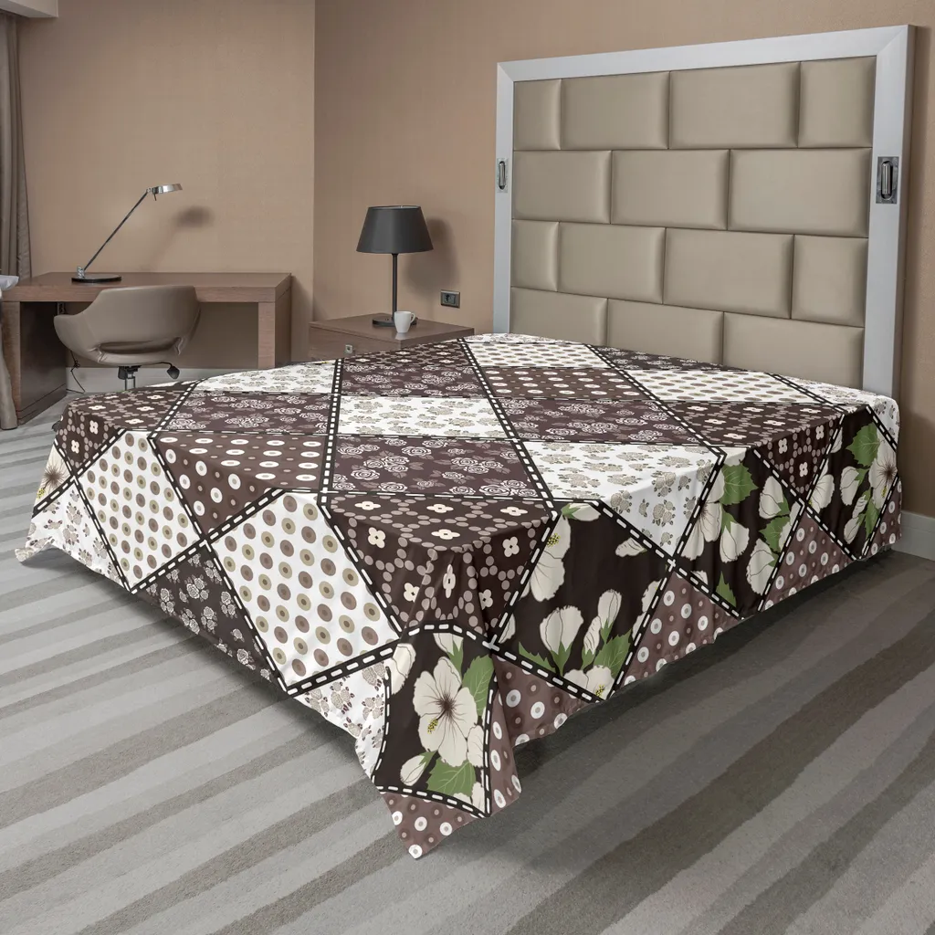 ABAKUHAUS Lenzuolo retrò, patchwork con pois, fiori di ibisco e autentico design rotondo vecchio stile, morbido e confortevole lenzuolo superiore per un letto decorativo 1 pezzo 266 cm x 260 cm, beige marrone - 1